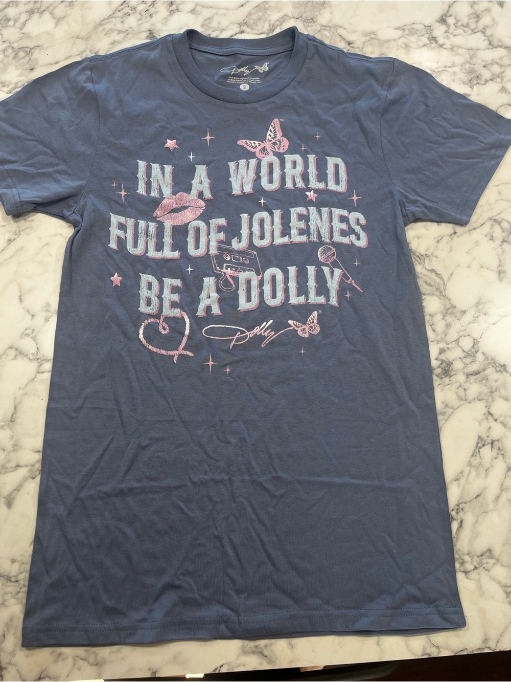 Dollcake Blue Graphic Tee with Pink & White Print